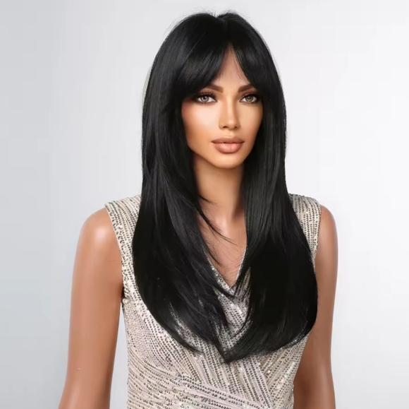Dark Black Layered High-quality Synthetic Long Straight Wig - Picture 2 of 7
